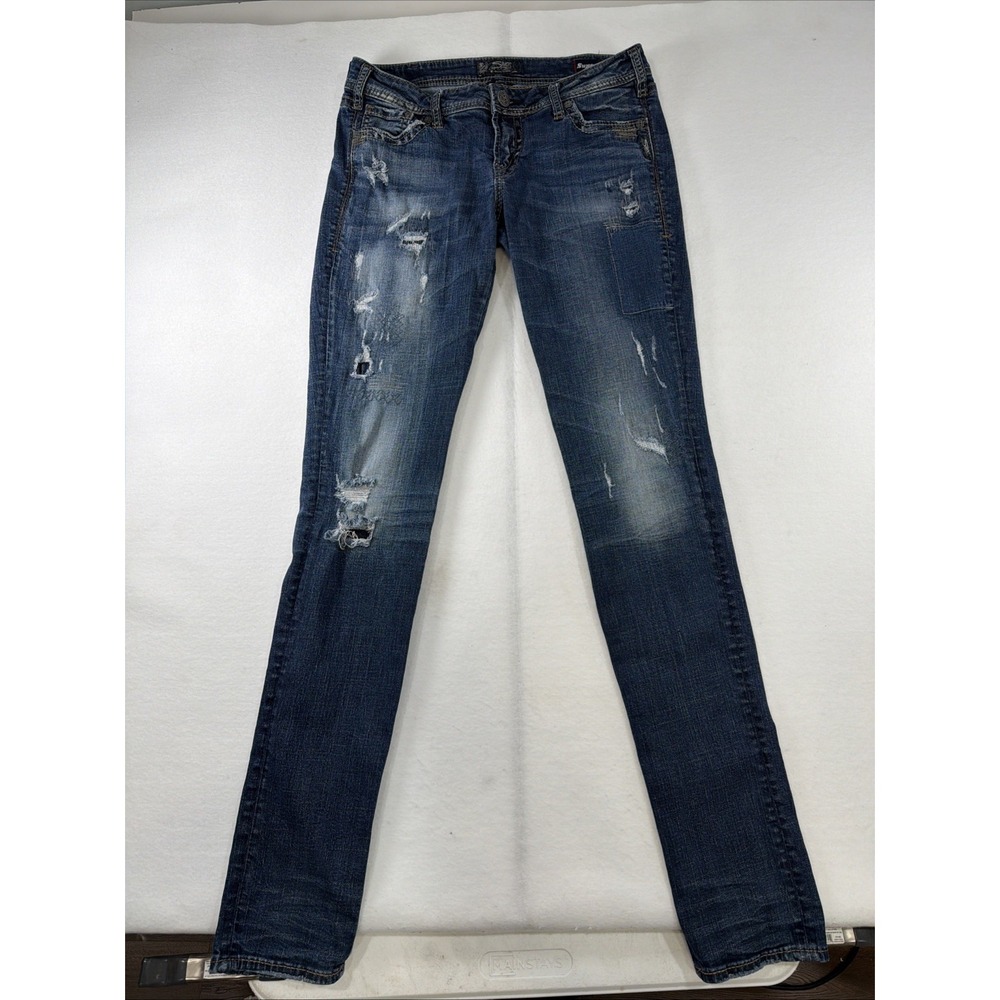 Silver Jeans Aiko Jeans Womens 34x36 ‎ Mid Skinny Super Stretch Distressed Denim